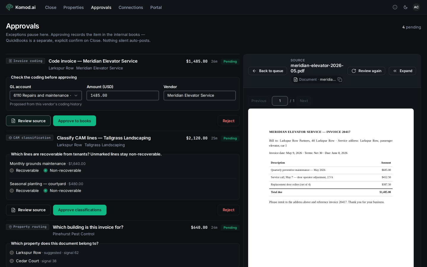 The Approvals page: a list of pending cards — an invoice coding card with its account code, amount and vendor fields, a CAM classification card with recoverable and non-recoverable radio buttons per line, and a property-routing question — with the inspector open on the vendor's invoice.